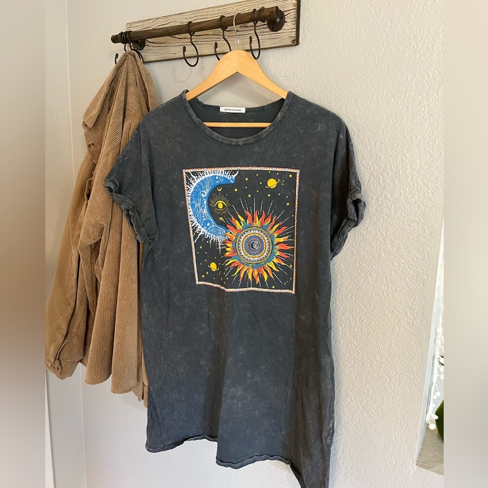 Over Sized T-Shirt Dress Acid Wash with sun and moon graphic
